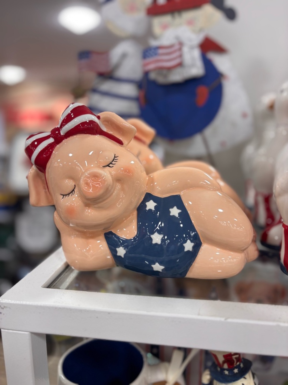 Cute Pig Figurine in Star Print Swimsuit
